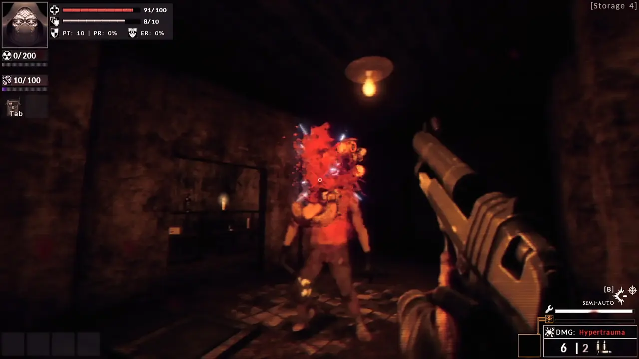 Divine Frequency dim corridor labelled Storage 4 with a humanoid enemy whose head is covered in a red burst. The bottom-right weapon readout shows DMG: Hypertrauma, SEMI-AUTO and ammo 6 | 2.
