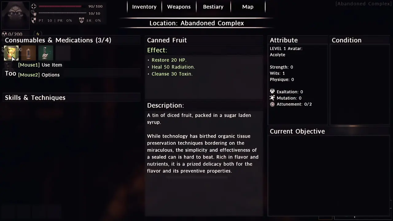 Divine Frequency inventory screen with Canned Fruit selected (Restore 20 HP, Heal 50 Radiation, Cleanse 30 Toxin) beside an Attribute panel reading LEVEL 1 Avatar: Acolyte, Strength 0, Wits 1, Physique 0.