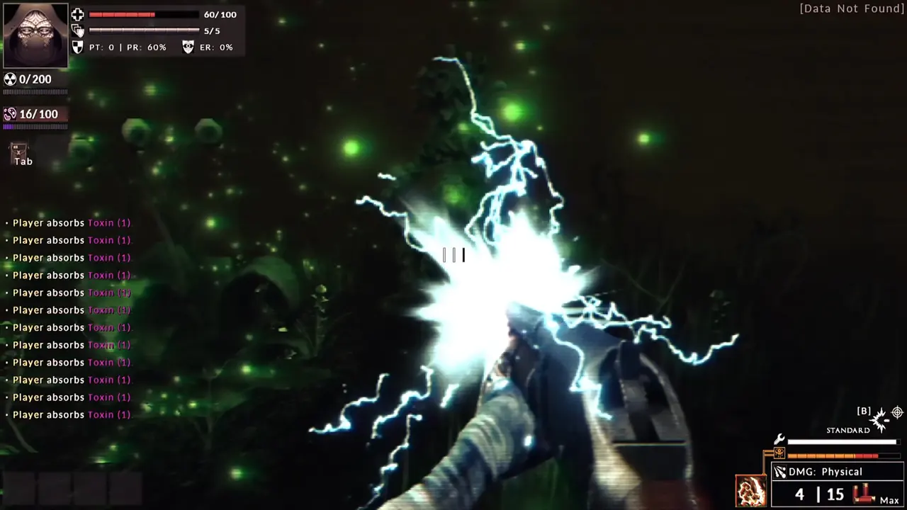 Divine Frequency first-person view of a bright blue lightning discharge in a dark green, overgrown space. A combat log on the left repeats “Player absorbs Toxin (1)” and the purple meter under the portrait reads 16/100.