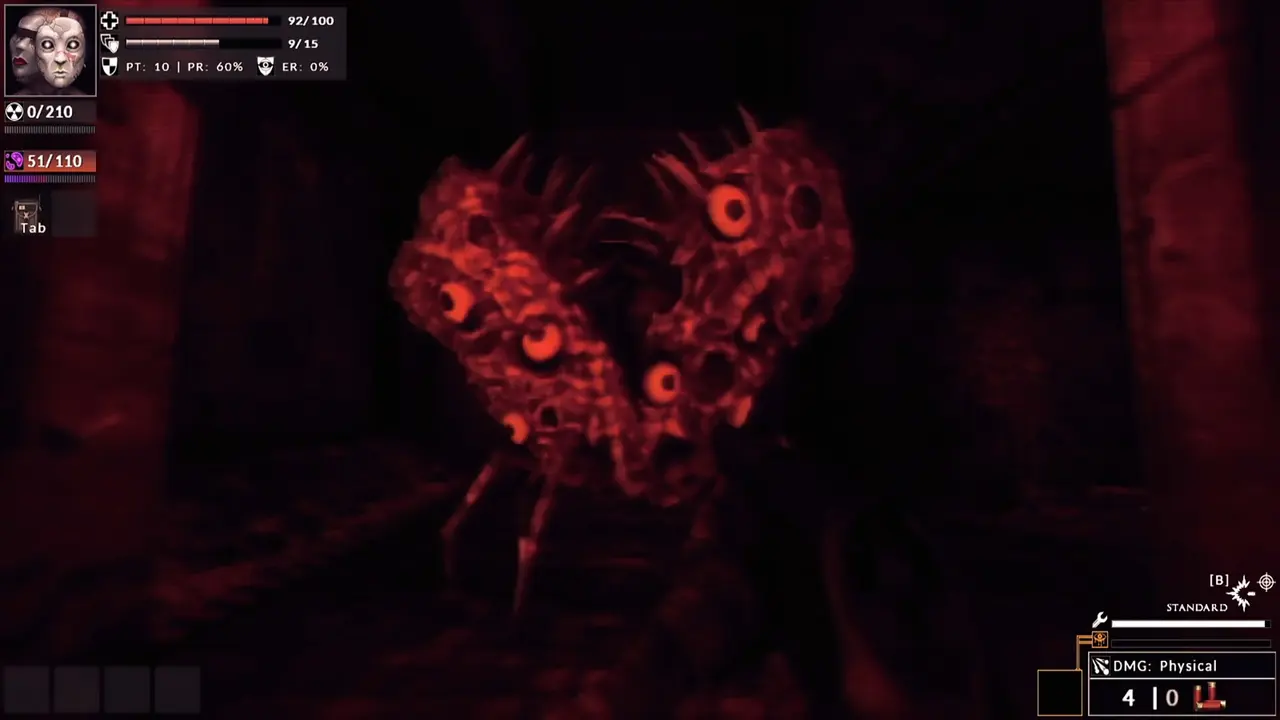 Divine Frequency dark red corridor with a many-eyed red fleshy creature facing the player. The HUD shows health 92/100, Radiation 0/210 and the weapon readout DMG: Physical.