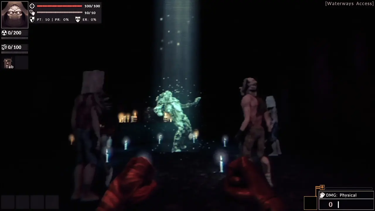 Divine Frequency chamber lit by a teal beam of light, with a glowing figure inside the beam, candles on the floor, several figures standing around it and the location label Waterways Access in the corner. The player’s fists are raised in the foreground.